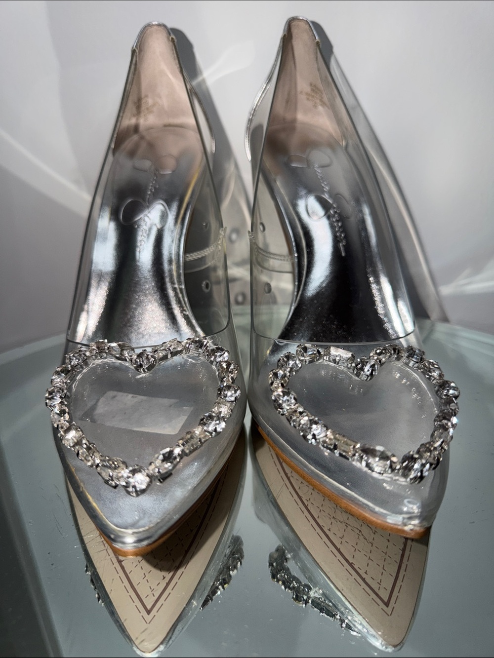 Jessica Simpson Clear PVC Rhinestone Heart Pointed Toe Heels